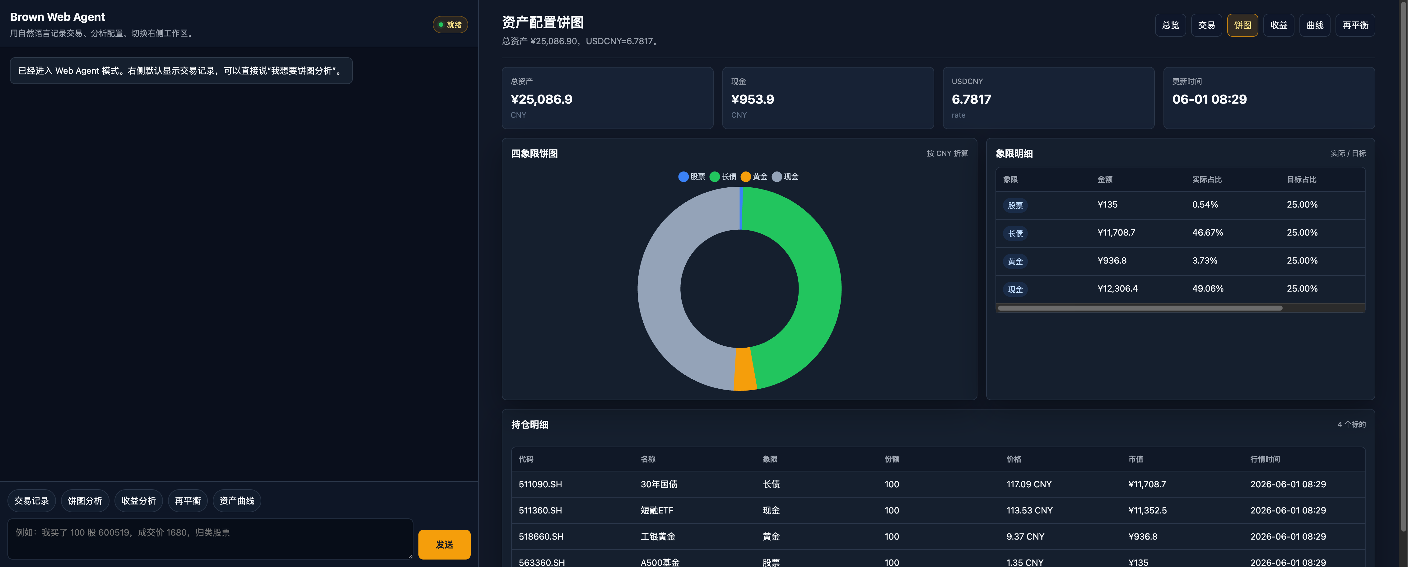 Brown Web Agent 产品界面，展示对话区、资产配置饼图和持仓表格
